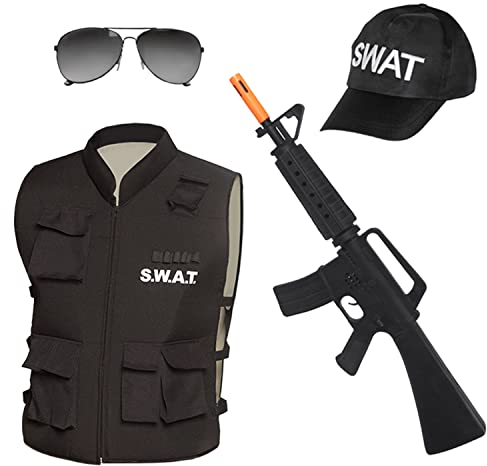 Boland - SWAT-Set für Erwachsene, schwarz-weiß, Gewehr-Attrappe, Weste, Mütze und Brille, Waffe, Jacke, Basecap, Sonnenbrille, Kostüm, Karneval, Mottoparty