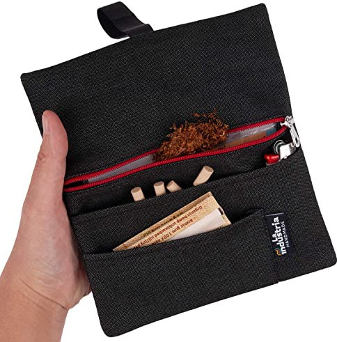 Blague à tabac à rouler hydrofuge - Pochette à tabac 30/50 g avec compartiments pour Feuilles, Filtres et Briquet (Fermeture rouge)
