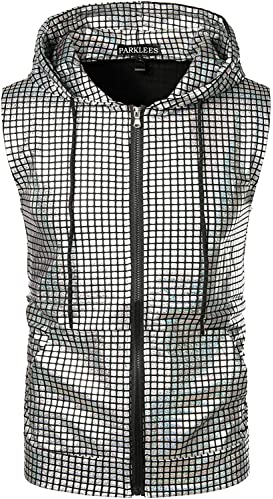 PARKLEES Herren Hipster Metallic Pailletten Reißverschluss Ärmellos Kapuzenweste T-Shirt mit Kängurutasche, SV17-Silber, M