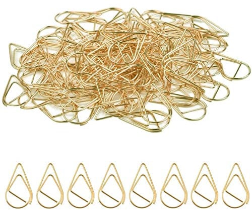 Gold Paper Clips 100 Pcs Small Teardrop Metal Clips | Water Drop Shaped Bookmarks for Office, School, Crafts, Photos & Posters | Premium Stainless Steel Decorative Clips(16x25mm)