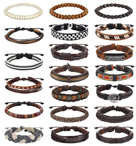Diamday 20 Pulseras de Cuero Trenzado para Hombres Mujeres, Cuentas de Madera, CordóN de CáñAmo, Brazalete Tejido, Pulsera Fresca, Pulseras de Cuerda Tribales éTnicas, Regalo para El DíA del Padre