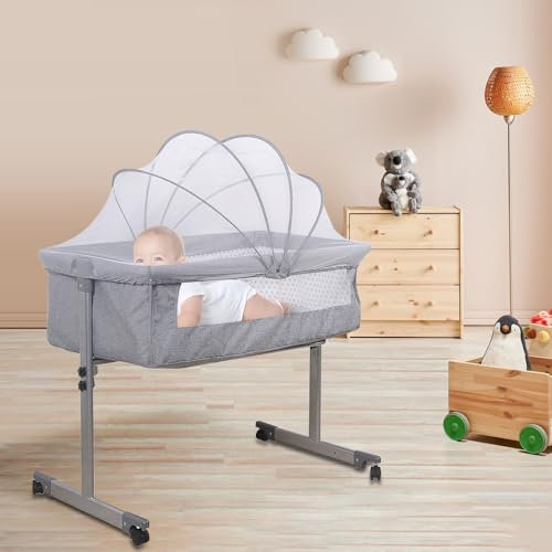 HUOLE Lit bébé, Lit Cododo, Berceau Bébé avec Matelas et Moustiquaire, lit de Voyage avec Roues, Lit Bébé Cododo pour Les Bébés de 1 à 36 Mois-96 * 57 * 77 cm (Gris)
