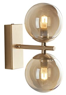 Elegante Wandleuchte mit Schalter, Metall Messing & Rauchglas Kugeln Amber mundgeblasen