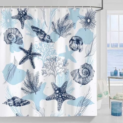 Coastal Beach Shower Curtian, Seestern Koralle Muschel Muschel Marine Blau Unterwasserwelt Marine Life Ocean Duschvorhang-Sets, Wasserdichter Stoff Badezimmer Zubehör Dekor Set mit Haken, 72x72