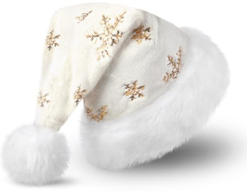 CITÉTOILE Bonnet de Noel, Bonnet de Père Noël en Peluche pour Adultes avec Paillettes Flocons de Neige, Chapeaux de Noël en peluche, Santa Hat pour Vacances, Couleur or