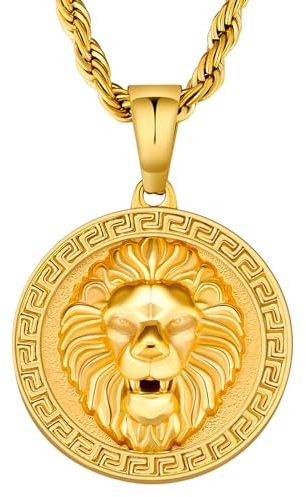 KRKC&CO Löwen Kette Sternzeichen Anhänger Goldkette Herren, Räumlich Löwe Münze Design, 2,5mm 55,9cm Rope Kette Kettenanhänger Gold, 18K vergoldet Edelstahl Halskette, Geschenk für Männer Jungen