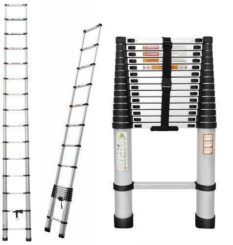 Telescopic Ladder 4.4M 14.4FT Loft Ladder Aluminium Ladder Adjustable Height EN131 Standard Multi-Purpose Extension Ladder for Decorating, Paiting, Cleaning, Building, 150KG Load