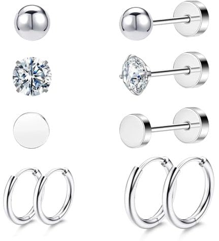 JZTRADING 5 Pairs Flat Back Earrings Surgical Stainless Steel Hoop Earrings for Women Sterling Silver Plated Screw Back Huggie Hoops Cartilage Earring Set for Multiple Piercing Jewellery Gifts