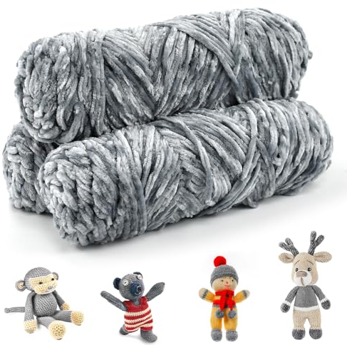 DTYGUIXE 3 Rotoli di Filato di Ciniglia,Filato di Velluto per Maglieria e Uncinetto da 3mm,Gomitoli Assortiti di Filato,Filato Ciniglia Grosso per Lavorare a Maglia e Uncinetto (Grigio Chiaro)