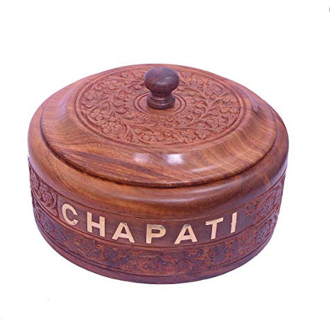 Garden Of Arts Wooden handmade Carving 7*7 Inches Chapati Box Round shape with inner of Stainless Steel