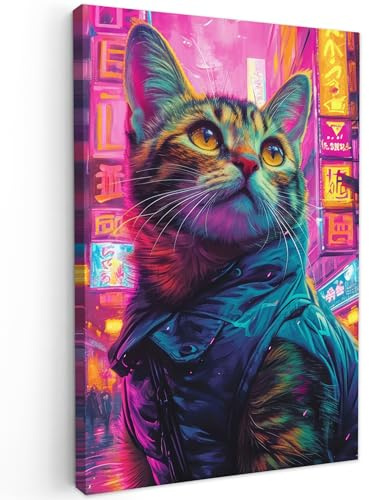 MuchoWow© Bilder Groß XXL Wohnzimmer Deko Modern Wandbild Foto auf Leinwand | 80x120 cm - Bild Schlafzimmer über Bett Room Decor Geschenke Graffiti - Katze - Neon - China - Rosa - Pop-Art