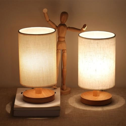 Tischlampe Nachttischlampe Holz, Tischlampe Vintage, Kleine Tischleuchte, Retro Landhaus, Lampenschirm Aus Leinen, Für Deko Schlafzimmer, Wohnzimmer, Geschenk, Beige, Geschenke Für Frauen (2er Set)