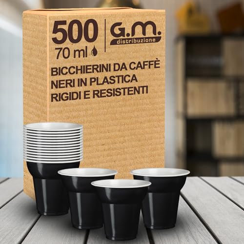 G.M. DISTRIBUZIONE 500 Pezzi Bicchieri da Caffè in Plastica di Colore Nero da 70cc, Super Rigidi e Resistenti al Calore, Usa e Getta, Ideale per Casa, Ufficio, Asporto Bevande Calde.