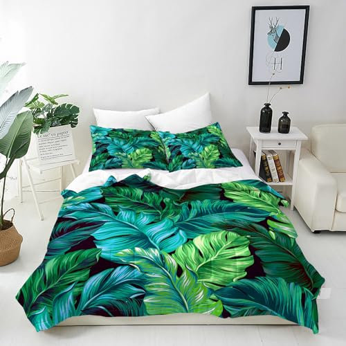 ANHOPE Tropisch Türkis Grün Blatt Bettwäsche Set 3 Teilig Bettbezug 200x200 cm & 2 Kissenbezug 80x80 cm Microfaser Bettbezüge mit Reißverschluss Weich Ganzjahres Bettdeckenbezug Set