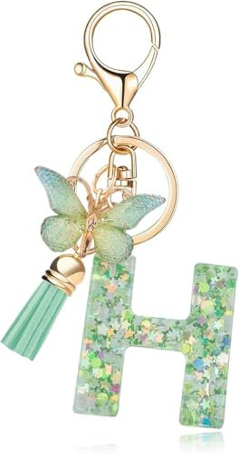 Frundoo Buchstabe Schlüsselanhänger für Mädchen - Anfangsbuchstaben Grün, Schmetterling Design - Damen Geschenk