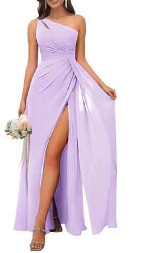 Damen Chiffon One Shoulder Brautjungfernkleid Lang Plissee Formeller Schlitz Abendkleid, Flieder, 46