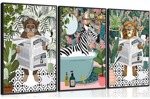 3Pcs Jungle Animal Bathroom Wall Art Zebra in Bathtub Canvas Pictures Lion Monkey on Toilet Reading Newspaper Paintings Funny Forest Animal Posters Prints for Restroom Wall Decor Unframed