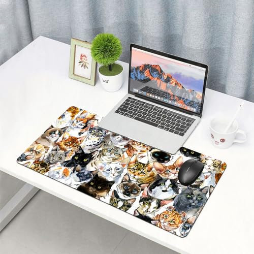 EYLOZS Alfombrilla de ratón extendida con Bordes cosidos,Gatos Pintados a Mano en Acuarela de Varias Razas Lindos.,Base de Goma Antideslizante y Almohadilla para Teclado,30x80 cm