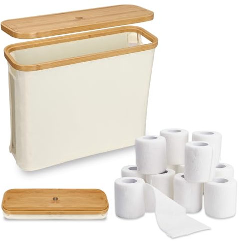 Cesta para Papel Higiénico con Tapa, Cesta de Almacenamiento de Papel Higiénico, Porta Rollos de Papel Higienico para 12 Rollos, Impermeable, Plegable, con Asas, Organizador Multiusos de Baño (Beige)