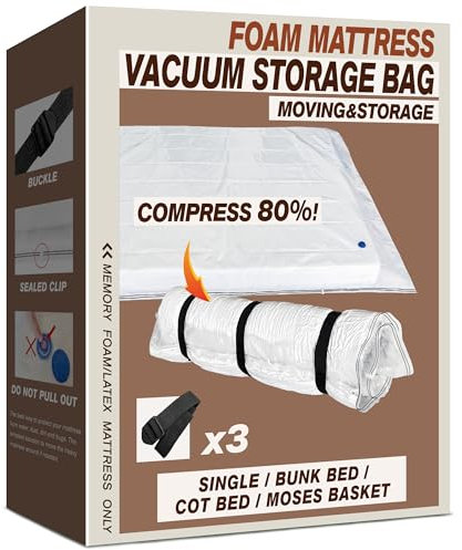 Oumaru Mattress Vacuum Bag for Moving, Vacuum Seal Bag for Memory Foam or Latex Mattress, Mattress Compression, Storage for Returns, and Moving (Single/Bunk Bed/Cot Bed/Moses Basket)