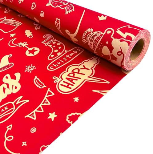 43 cm x 15 m Weihnachtsgeschenkpapierrolle, recycelbares rotes Geschenkpapier aus Kraftpapier für Weihnachts-, Geburtstags- und Partygeschenkboxen, Geschenkdekorationen