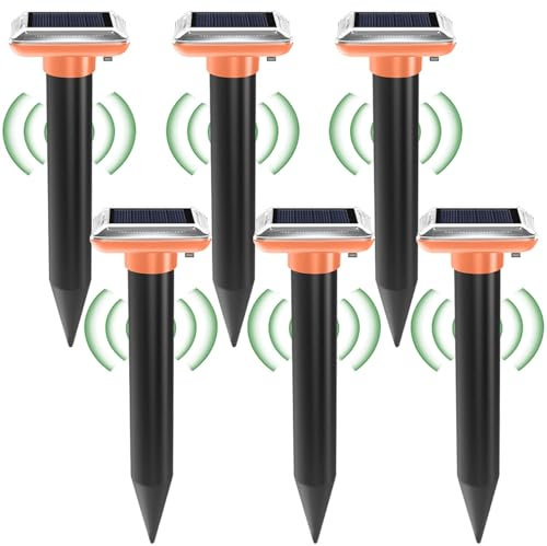 Solar Maulwurf Vertreiber, 6 Stück Solar Maulwurfschreck, Wühlmausschreck,Ultraschall Wühlmäuse zu Vertreiben, IP66 Wasserdicht und Staubdicht,Maulwurfvertreiber für Den Rasen Garten (Orange)