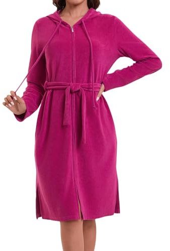 Mnamo Damen Kapuze Bademantel Reißverschluss Frottee mit Gürtel Weicher Mikrofaser Langarm Bademantel Ideal für Zuhause und Wellness Beererot L