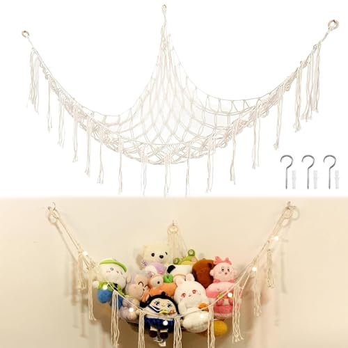 Toy Storage Hammock - Corner Hanging Organizer with Teddy Bear Net for Kids' Bedroom and Playroom