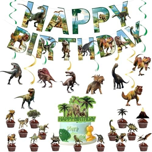 Kiyanest Dinosaurier-Geburtstagsdeko-Set – Happy Birthday Banner, Kuchentopper, Hängespiralen & Cupcake-Topper für Kinder-Dinosaurier-Mottoparty