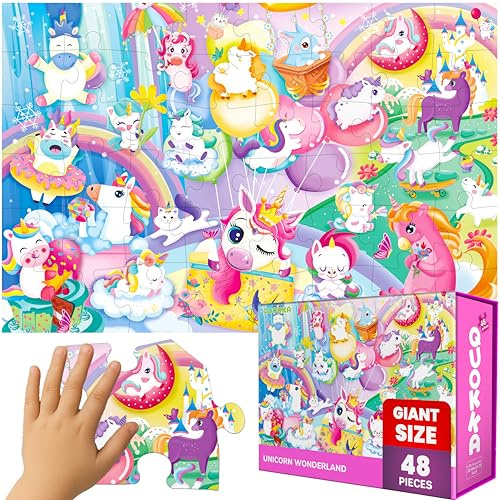 QUOKKA Riesen-Bodenpuzzle Für Kinder Von 4-6 Jahren - Extra Dickes 48-Teiliges Kleinkindpuzzle Für Kinder Von 3-5 Jahren - Einhorn-Lernspiel Für Jungen Und Mädchen - Premium-Box Mit Stabilem Griff