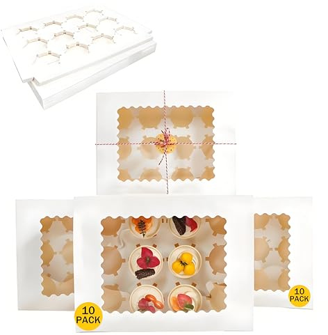 CUESVAP 12 Hole Cupcake Boxes (Pack of 10) - Premium White Cake Box with Clear Window and Inserts - Cookie Box Ideal for Muffins, Pastry, Baking, Gifting & Party