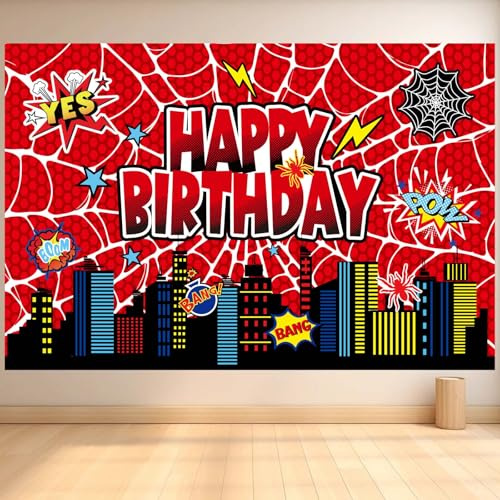 Telón de Fondo Cumpleaños Telaraña, 150x100cm Poliéster Preperforado Temática de Araña Pancarta Feliz Cumpleaños Decoraciones Fiesta y Accesorios para Fotos Fondo Niños y Niñas