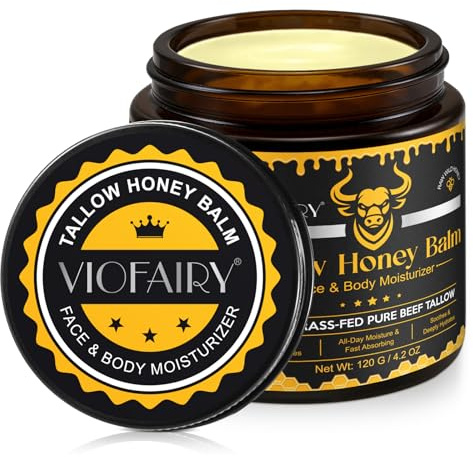 Beef Tallow for Face & Body - 100% Organic Grass-Fed Beef Tallow & Raw Wild Honey - Moisturizing Cream for Soft, Smooth Skin- Light Scent, Moisturizing Natural Formula, 120 Gram