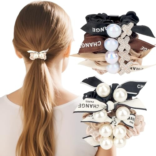 MOTIBACK Haargummi mit Perlenschleife 8 Stück Premium-Satin-Haargummi Frizz-Prävention Gummibänder Haarbänder Mädchen Elastische Zopfgummis für Mädchen Frauen