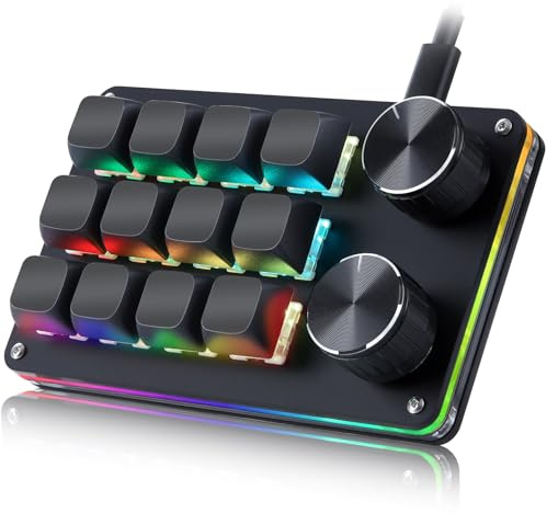 Koolertron 12 Tasten Programmierbare Tastatur, Tragbar Mini Tastatur mit 2 Drehknopf, Vollständig Anpassbare Makro Tastatur mit RGB-Beleuchtung, 6 Ebenen einstellbar, Gaming Tastatur für Spiele Büro