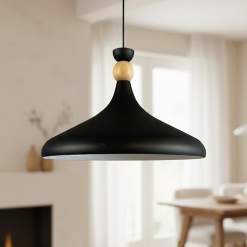 bamyum Champion Pendelleuchte aus Holz, 35 cm Hängelampe Metall E27 Moderne Lampe, Skandinavisch Pendellampe für Schlafzimmer Wohnzimmer Küche Esstisch, Küchenlampe Hängend Schwarz