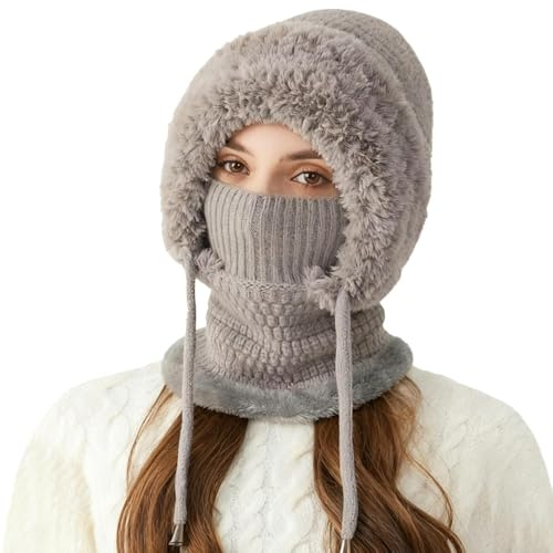 Générique Bonnet 3 en 1 pour Femme, Bonnet 3 en 1 avec écharpe et Masque, Cache-Cou avec Couvre-Visage,Chaud, pour la randonnée, Les Voyages, Le Ski, Le vélo, Le Snowboard