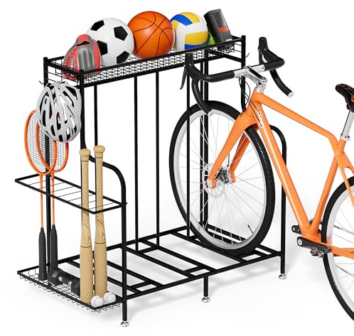 HENMI Fahrradständer Boden für 3 Fahrräder mit Korb und Haken | Einfach zu Montieren, Geeignet für E-Bike, Mountainbike und Rennrad