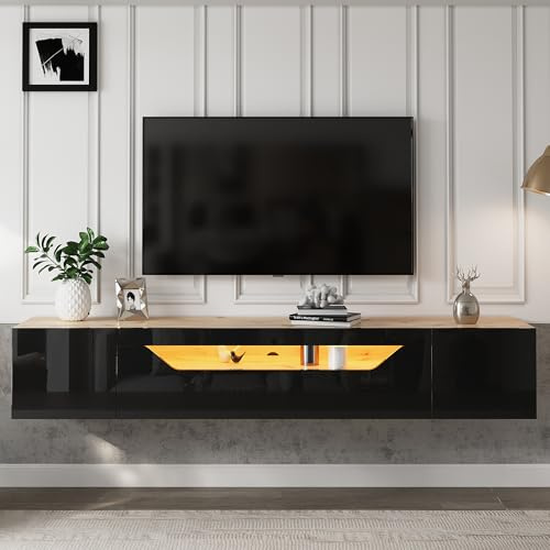 FammyLoft Floating TV Stand Cabinet with LED lights, High Gloss TV Unit with Pull-Down Door, Wall Mounted Entertainment Center with 2 Doors for Living Room and Bedroom, 180 * 37 * 36 cm, Black