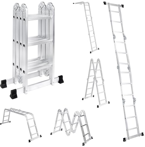 12.5FT Multi-Purpose Folding Ladder, 7 in 1 Aluminium Folding Ladder Collapsible Extension Ladders Adjustable Step Ladders with Large Joints for Home Roof RV Work Painting