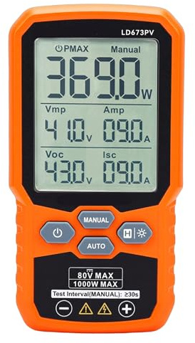 Luocute Solarpanel-Tester, 1000 W, 80 V, 35 A, MPPT-Photovoltaik-Multimeter mit Hintergrundbeleuchtetem LCD und Datenspeicherung, für Voc Isc Leerlaufspannung, Kurzschlussstromprüfung