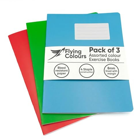 Flying Colours A4 Exercise Books 8mm Lined Pages, 3 Assorted Colour Exercise Books A4 Lined in Red, Green & Blue, Writing Book pack for Home or School Revision Notebooks, Journaling & Office Notes