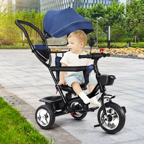 Dreirad 4 in 1 Aveo, Kinderdreirad, Jogger mit Zubehör, Klappbar, Dachfenster, Lenker, Unplattbar-Räder, Gummiräder, ab 9 Monate bis 5 Jahre, Zubehör (Blau-4 in 1)