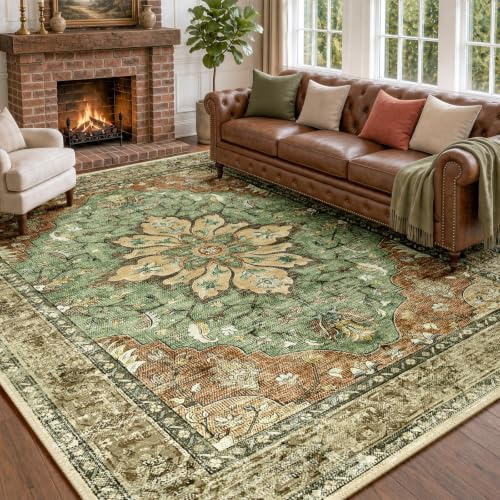INOVADAY Teppich Wohnzimmer Waschbar 200x300 cm Retro Ziegel/Braun/Grün | Teppich Schlafzimmer, Vintage Teppich Waschbar, Esszimmer, Büro, Kurzflor Rutschfest, Boho, Retro, Weich, OEKO, Gedruckte