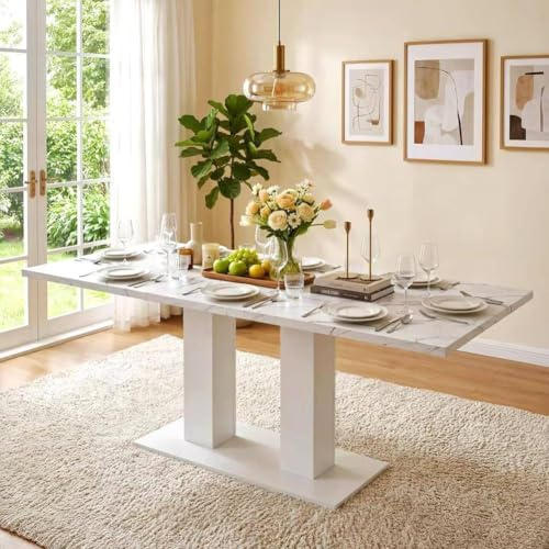 Merax Ausziehbarer Esstisch 140/180 x 70 cm, rechteckiger Esstisch mit doppelten Säulenbeinen, ausziehbarer Küchentisch für 6–8 Personen, Stabiler Esszimmertisch, Weiß