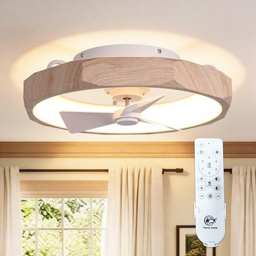 Parrot Uncle 50cm Ventilator Deckenleuchte,Umkehrbarer, LED Deckenventilator mit Beleuchtung,3 Farbtemperatur,6 Geschwindigkeiten Zeitschaltuhr,Fernbedienung Leise Dimm für Schlafzimmer Holzmaserung