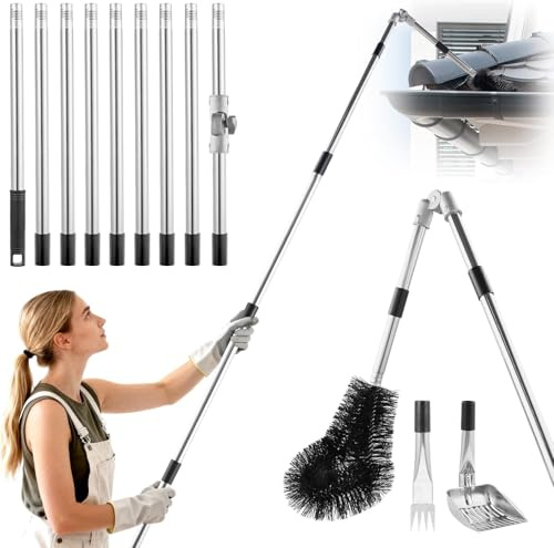 Telescopic Gutter Cleaner 4m Extendable Gutter Cleaner Kit with Gutter Brush, 180° Swivel Head, Rake, Shovel, 9-Section Adjustable Pole for Roof, Downpipe, Patio – Removes Leaves & Mud