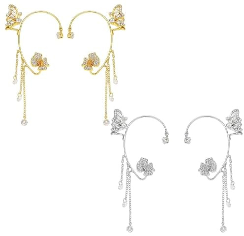 4 Stück Ohrschmuck Ohne Ohrlöcher, Earcuff Schmetterling Design, Ohrringe Mit Kette Verbunden, Für Tägliche Mode Und Besondere Anlässe