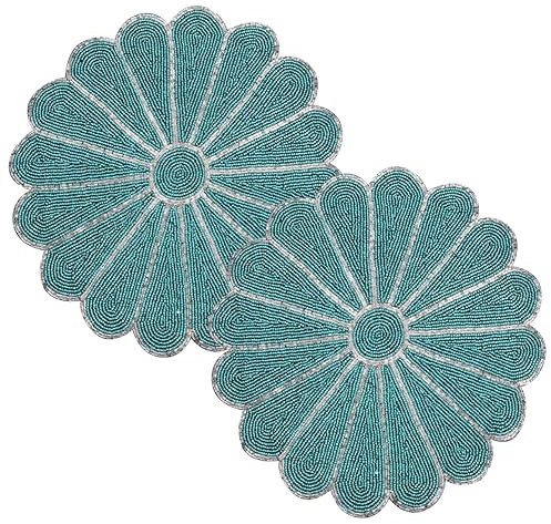 Alpha Living Home Handgefertigtes Tischset mit runden Perlen, 33 cm, Elegante blaugrün/silberfarbene Esstischdekoration für Versammlungen, Hochzeiten und besondere Anlässe (2 Stück)