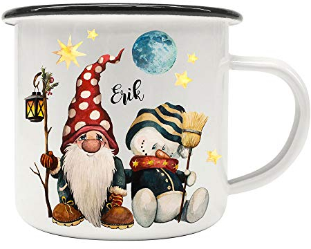 ilka parey wandtattoo-welt Emaille Becher Camping Tasse Winter Zwerg Schneenmann & Name Wunschname Kaffeetasse Weihnachten Geschenk Weihnachtsmotiv eb474